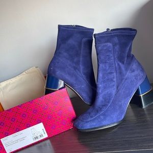 NEW!!! Tory Burch MULTI-LOGO STRETCH BOOT - Cobalt Blue Suede Sz 10